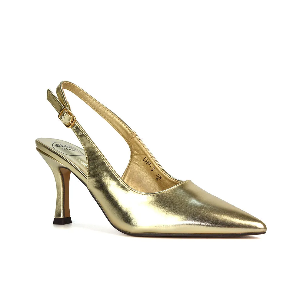 Valerie Stiletto High Heel Closed Toe Slingback Court Shoes in Gold Metallic