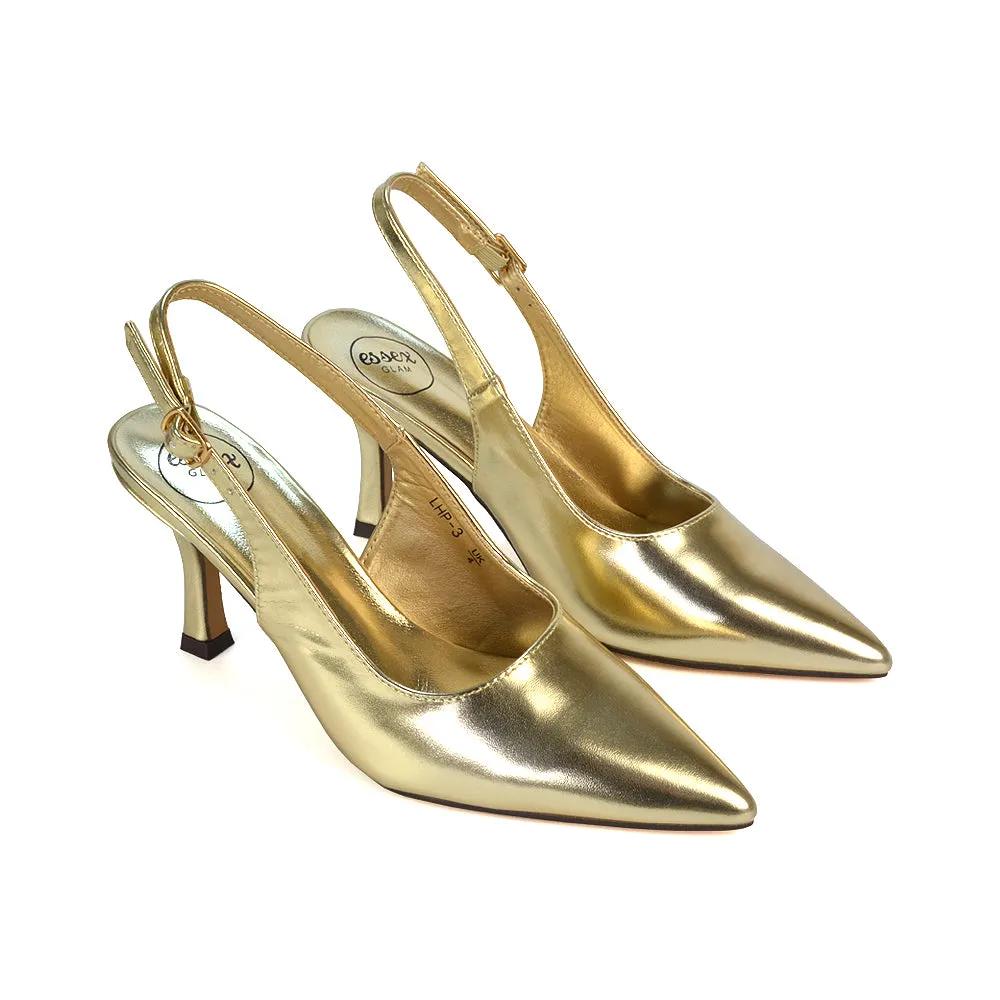 Valerie Stiletto High Heel Closed Toe Slingback Court Shoes in Gold Metallic