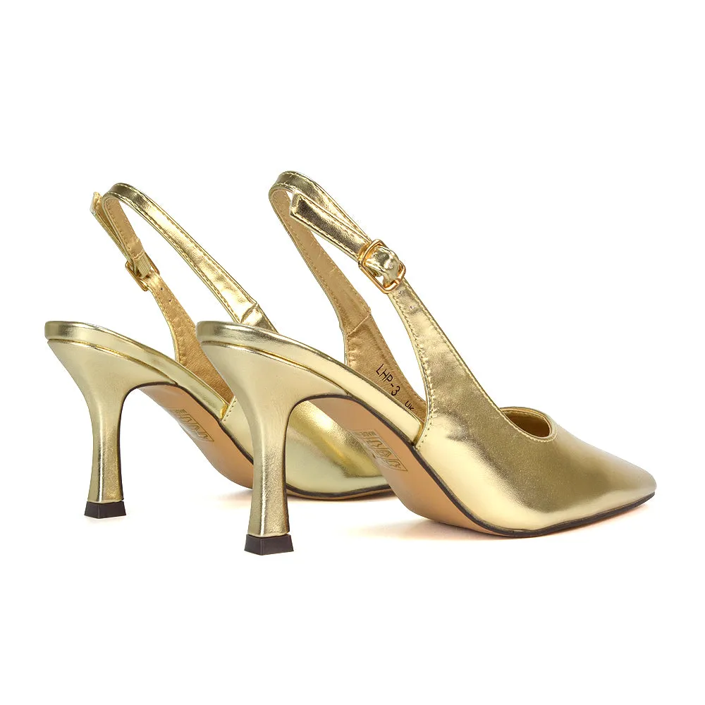 Valerie Stiletto High Heel Closed Toe Slingback Court Shoes in Gold Metallic