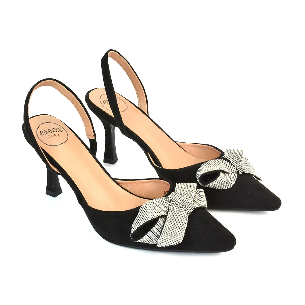 Victoria Diamante Bow Stiletto Slingback High Heel Shoes in Black Faux Suede