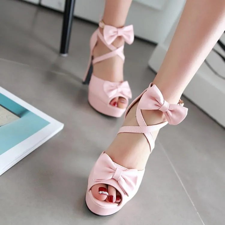 Women chunky high heel peep toe platform bow sandals