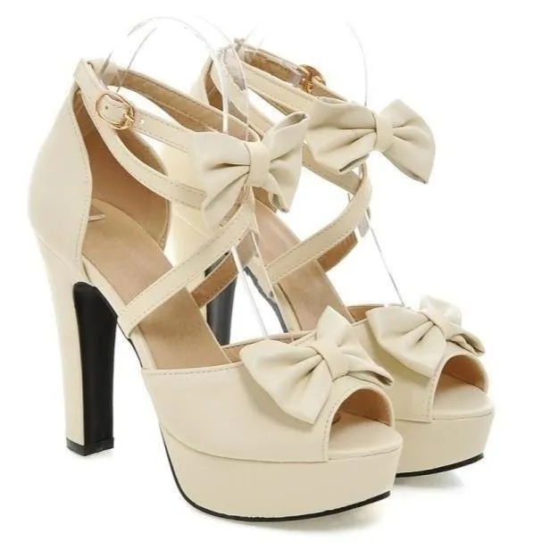 Women chunky high heel peep toe platform bow sandals