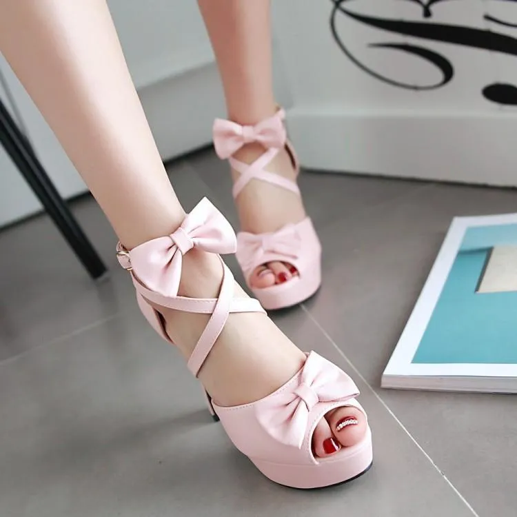 Women chunky high heel peep toe platform bow sandals