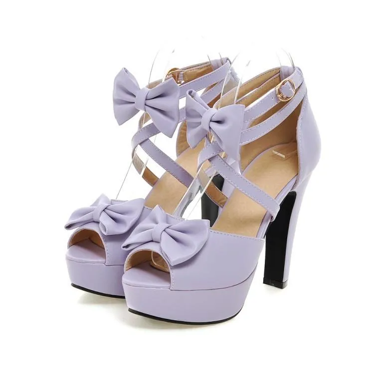 Women chunky high heel peep toe platform bow sandals