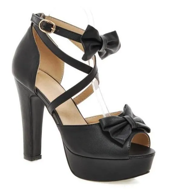 Women chunky high heel peep toe platform bow sandals