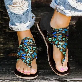 Women color block flower print clip toe back zipper light beach sandals