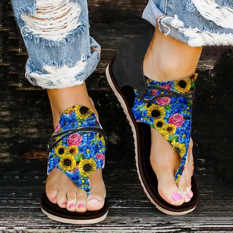 Women color block flower print clip toe back zipper light beach sandals