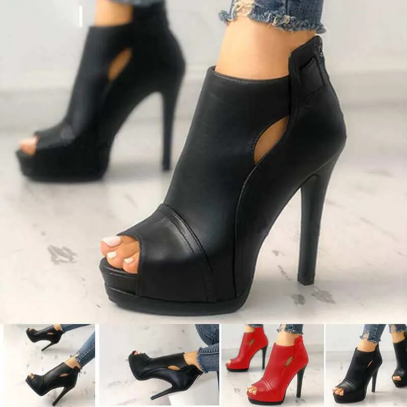 Women Hollow Square Heel Office Shoes Platform Breathable Boots