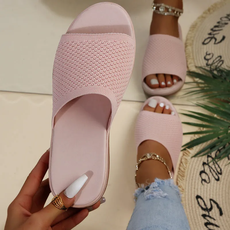 Women knit one strap peep toe slide beach sandals