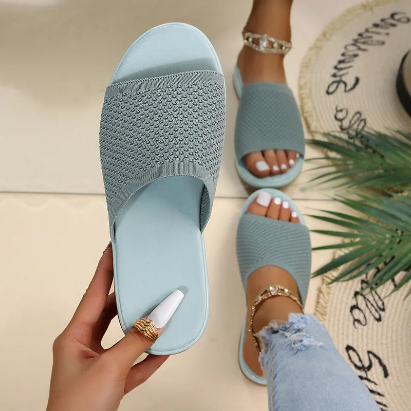 Women knit one strap peep toe slide beach sandals