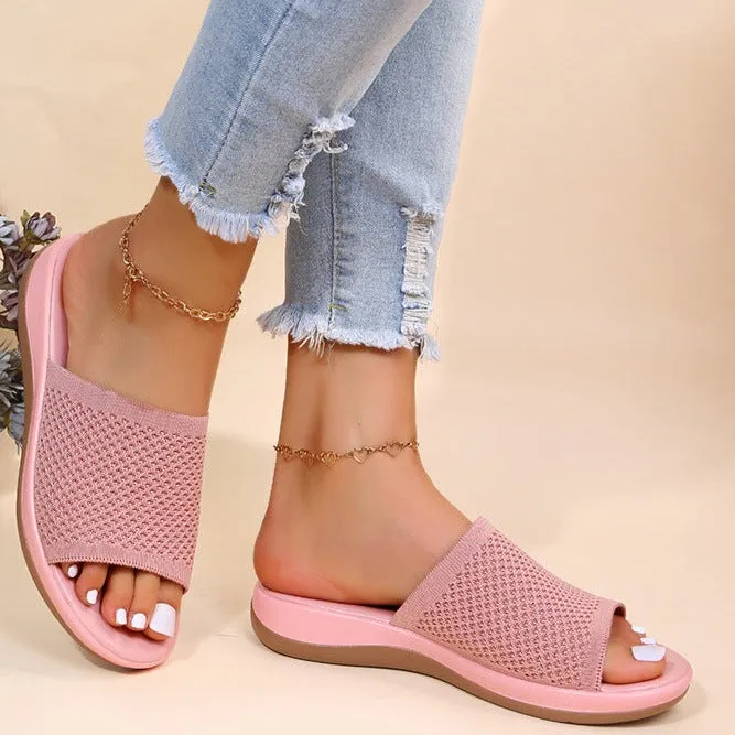 Women knit one strap peep toe slide beach sandals