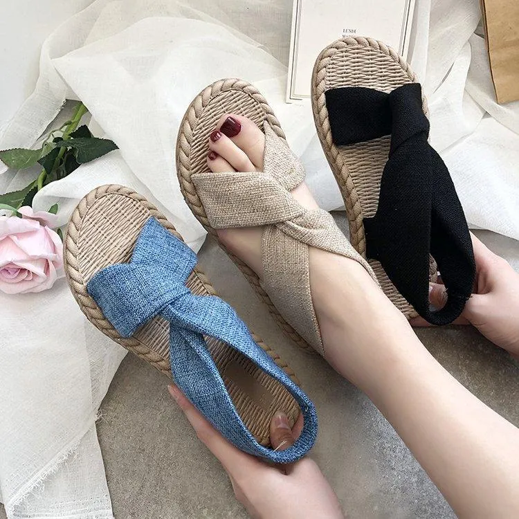 Women peep toe summer linen woven espadrille flat sandals