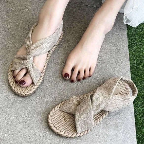 Women peep toe summer linen woven espadrille flat sandals