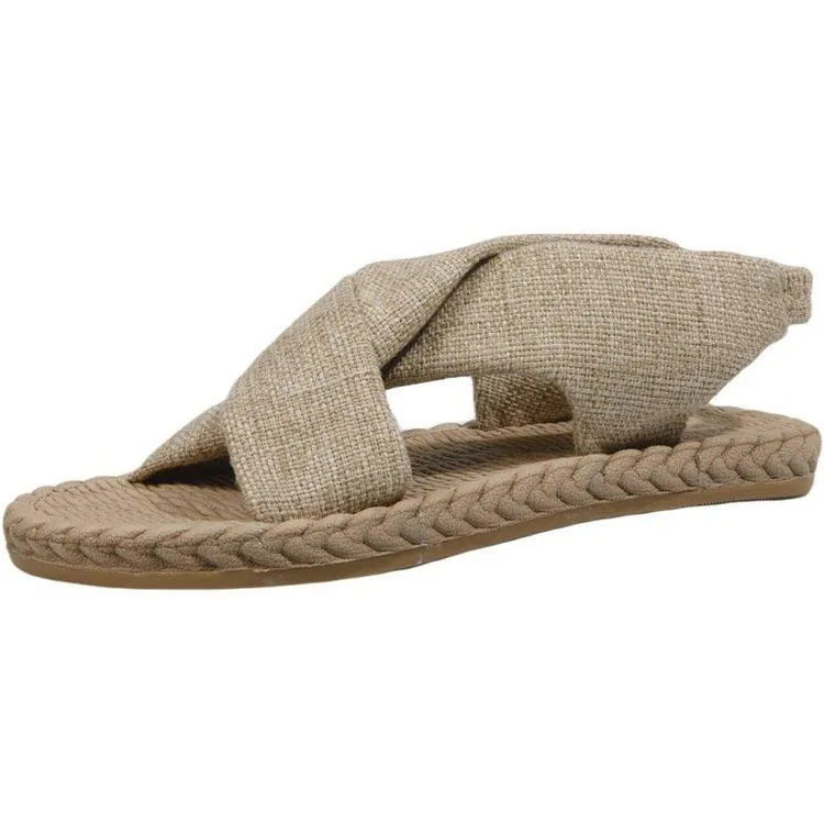 Women peep toe summer linen woven espadrille flat sandals