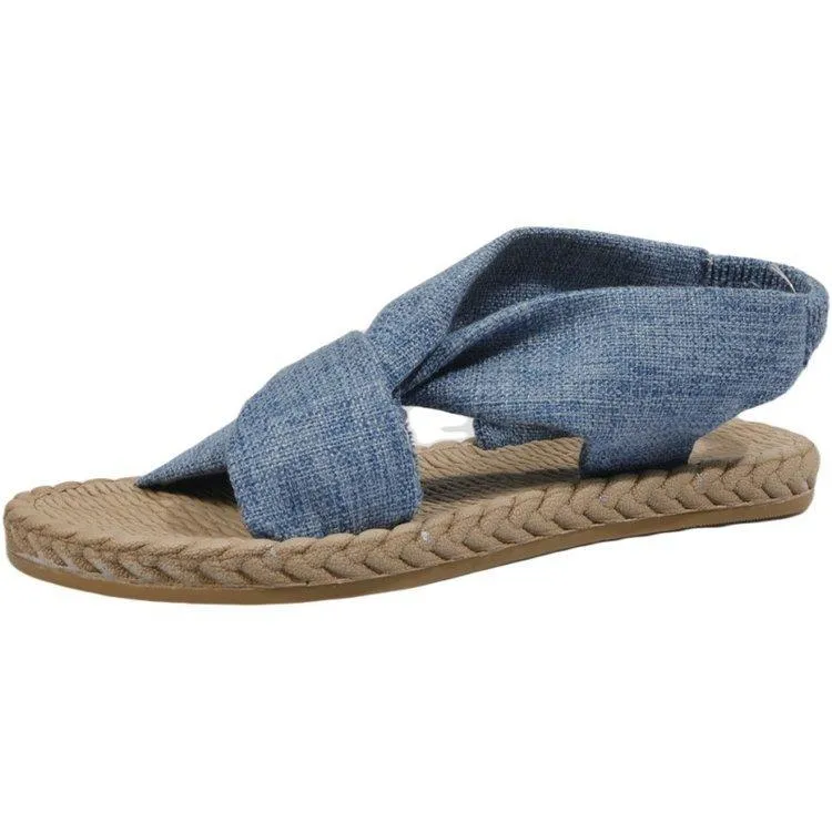 Women peep toe summer linen woven espadrille flat sandals