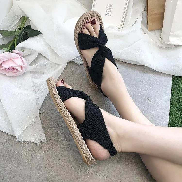 Women peep toe summer linen woven espadrille flat sandals