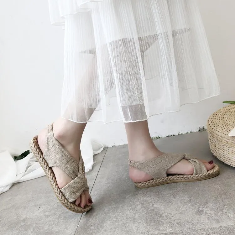 Women peep toe summer linen woven espadrille flat sandals