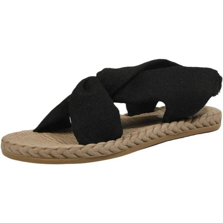 Women peep toe summer linen woven espadrille flat sandals