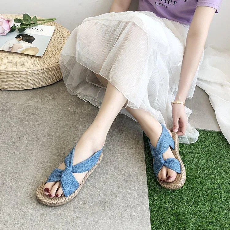 Women peep toe summer linen woven espadrille flat sandals