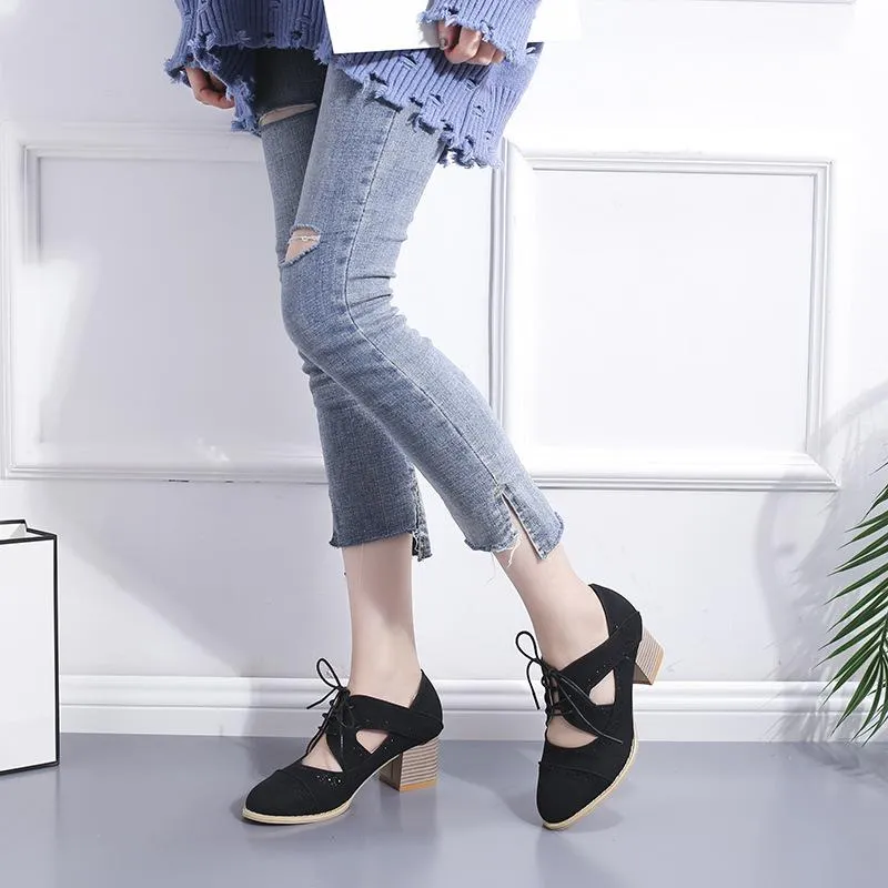 Women pointed toe summer lace up vintage chunky sandals