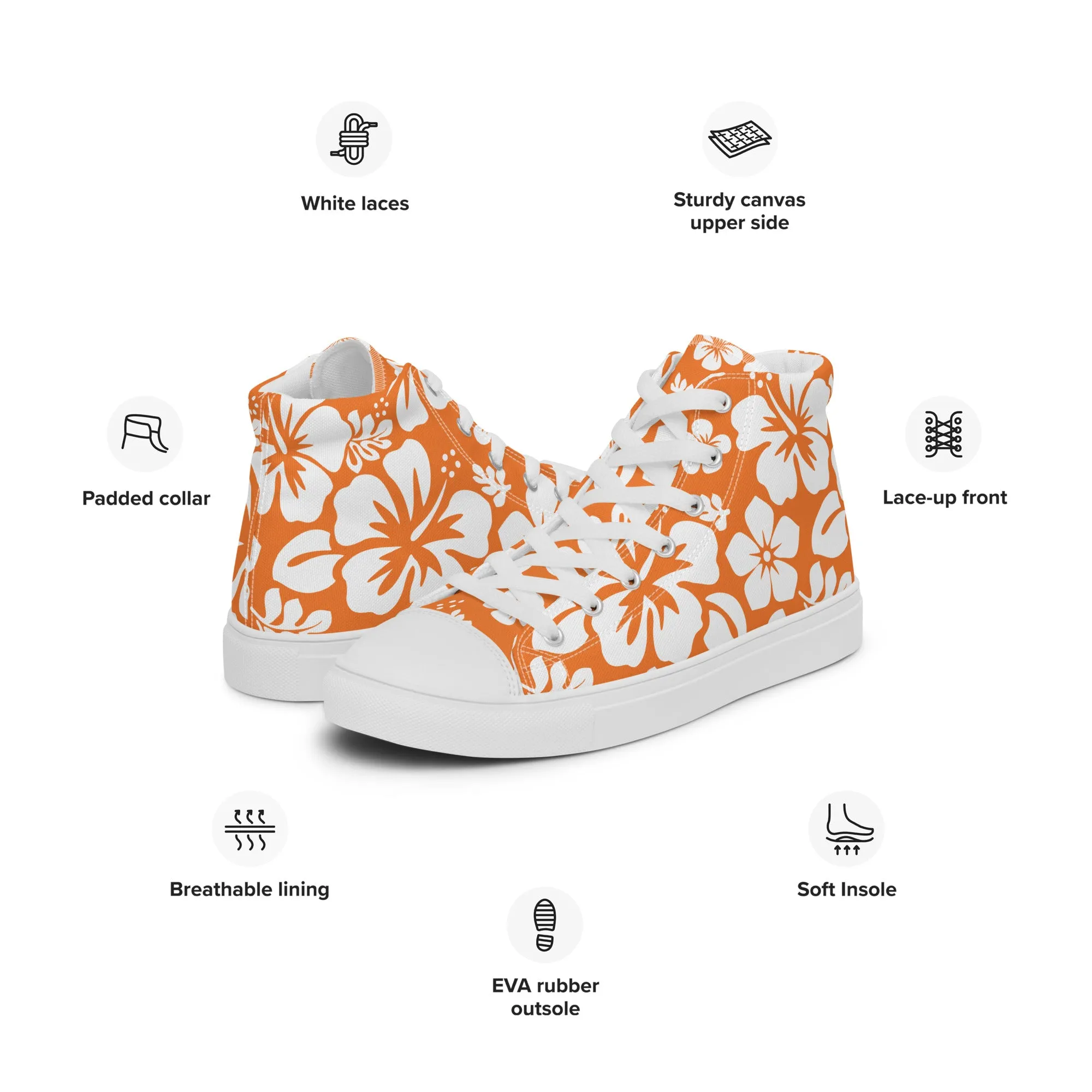 Women's Orange and White Hawaiian Print High Top Canvas Shoes