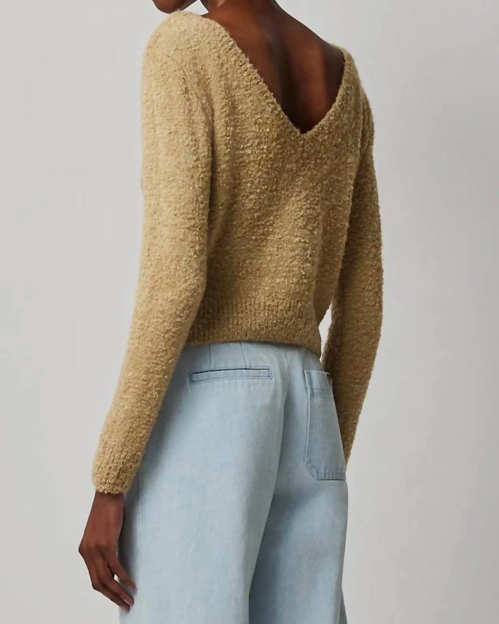 Wool Blend Boucle Long Sleeve Low Back Sweater in Soft Fawn | Soft Fawn